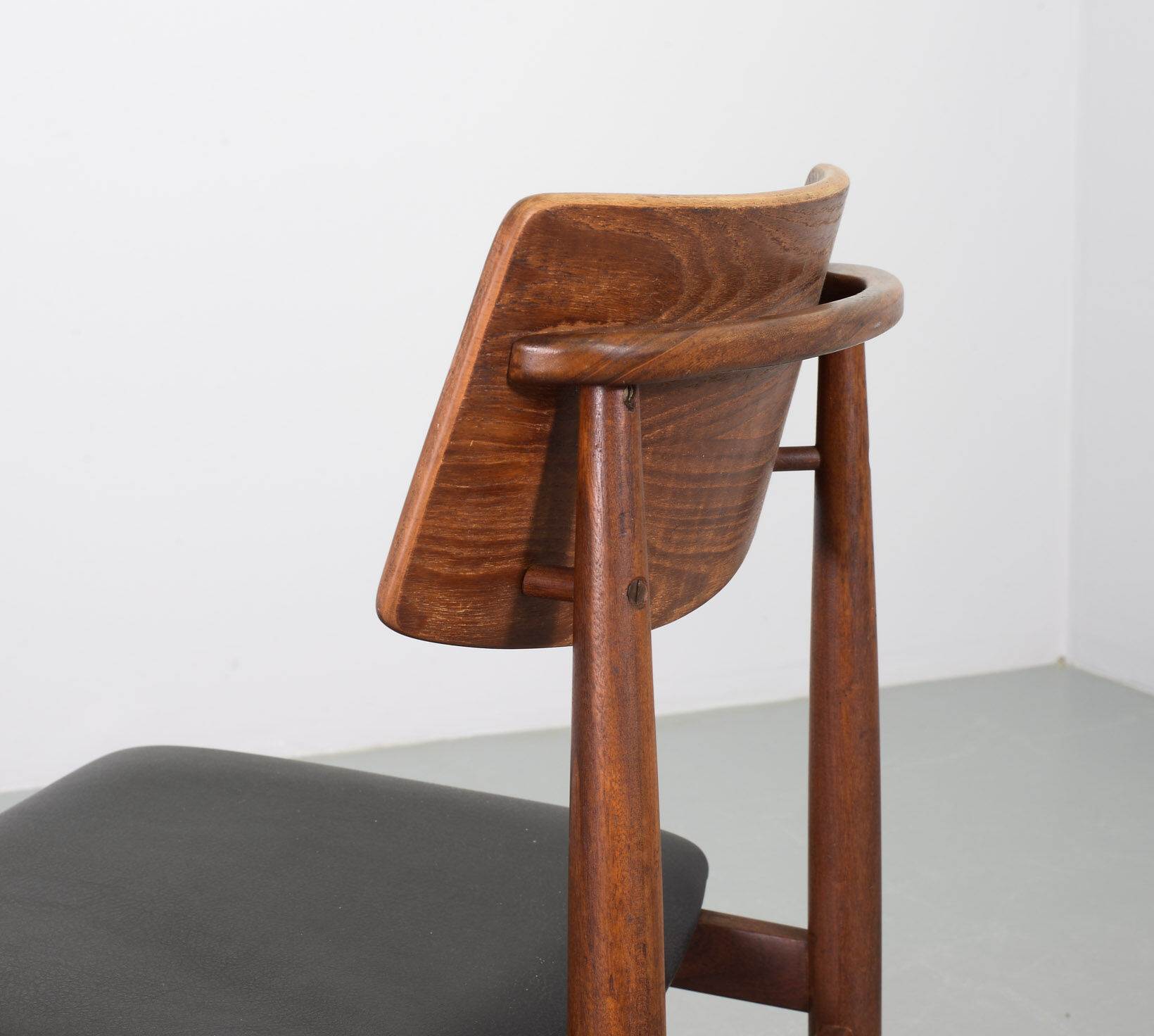 Danish Solid Teak Wooden Dining Chairs with Black Leatherette Seating 1960s