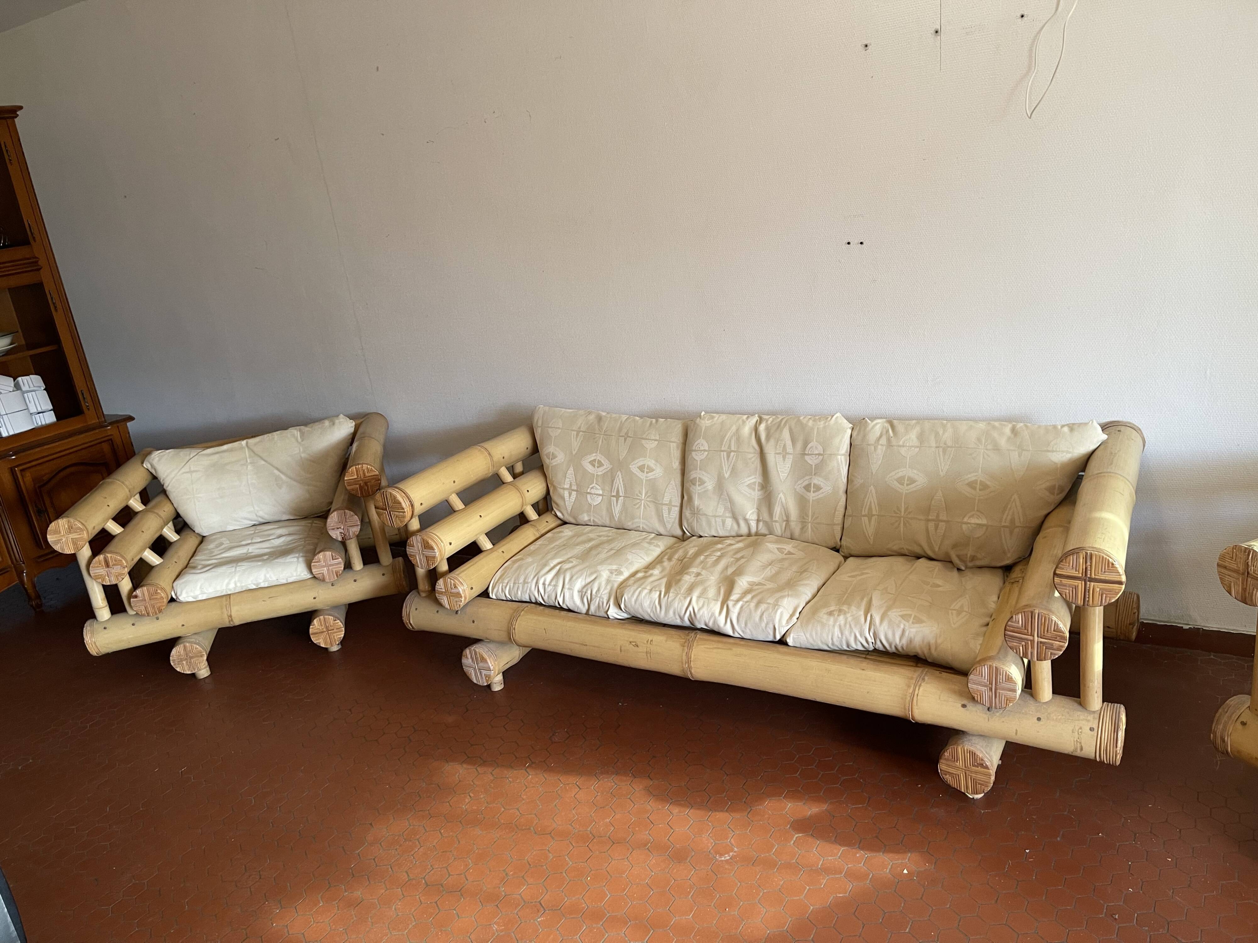 Set Sofa and 2 armchairs in large bamboo with cushions