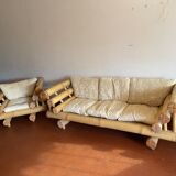 Set Sofa and 2 armchairs in large bamboo with cushions