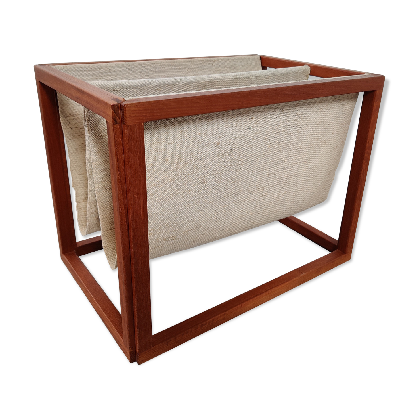 Scandinavian magazine door in teak and burlap, Denmark 60/70