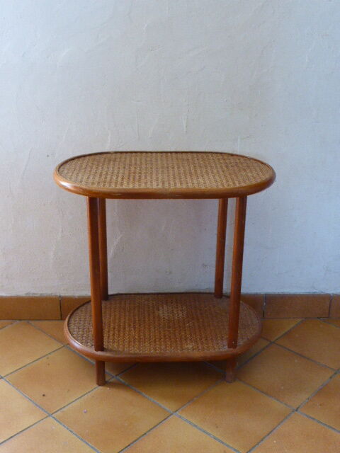 Side table, serving, pedestal, double tray, wood and vintage caning