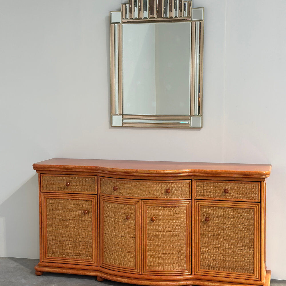 Vintage rattan & wood orange curved sideboard, 1980s