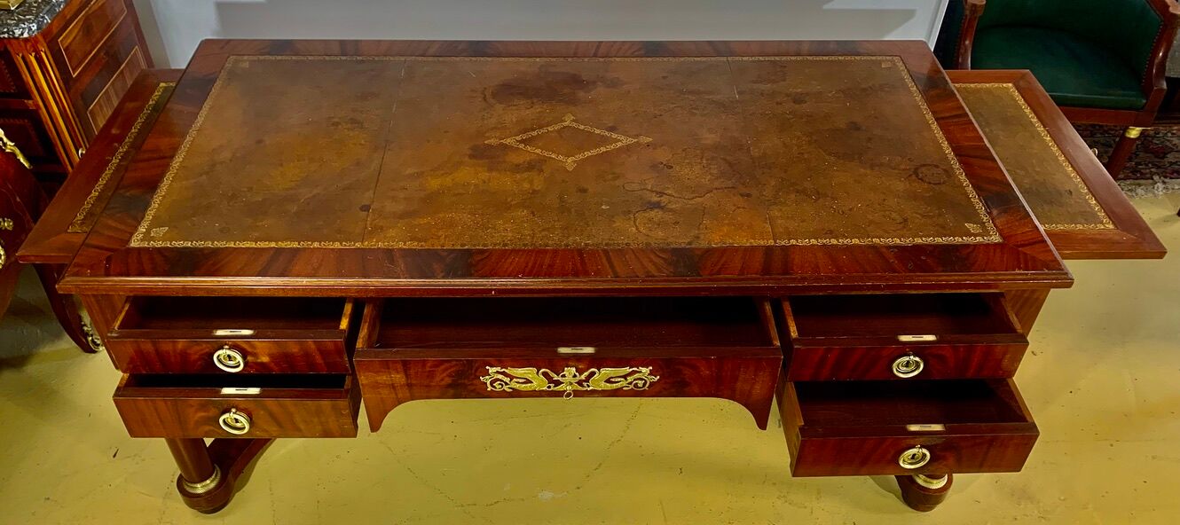 Empire flat desk, mahogany, double-sided, gilded bronzes