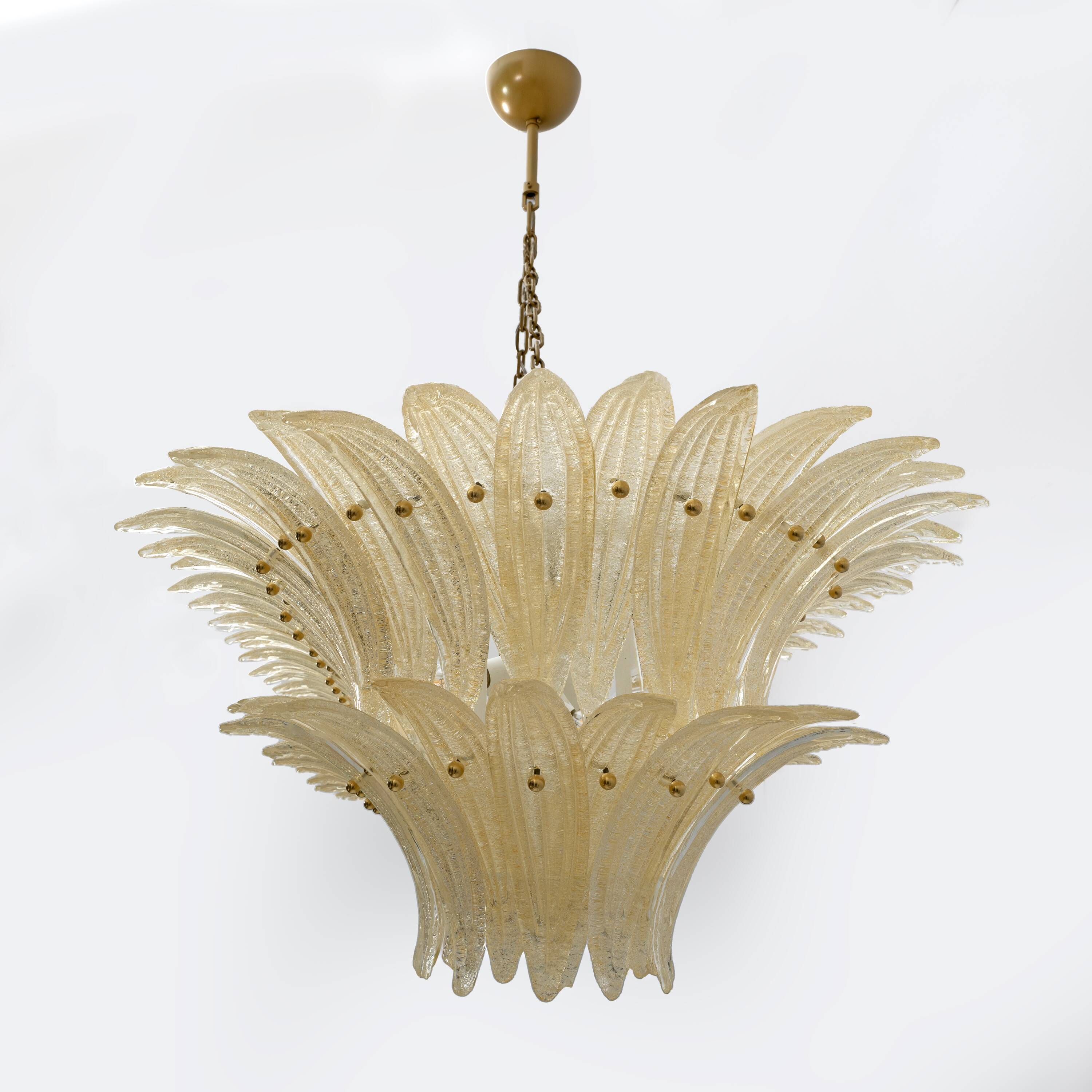 Mid-century Modern Style Italian Murano Glass and Brass Palmette Chandelier