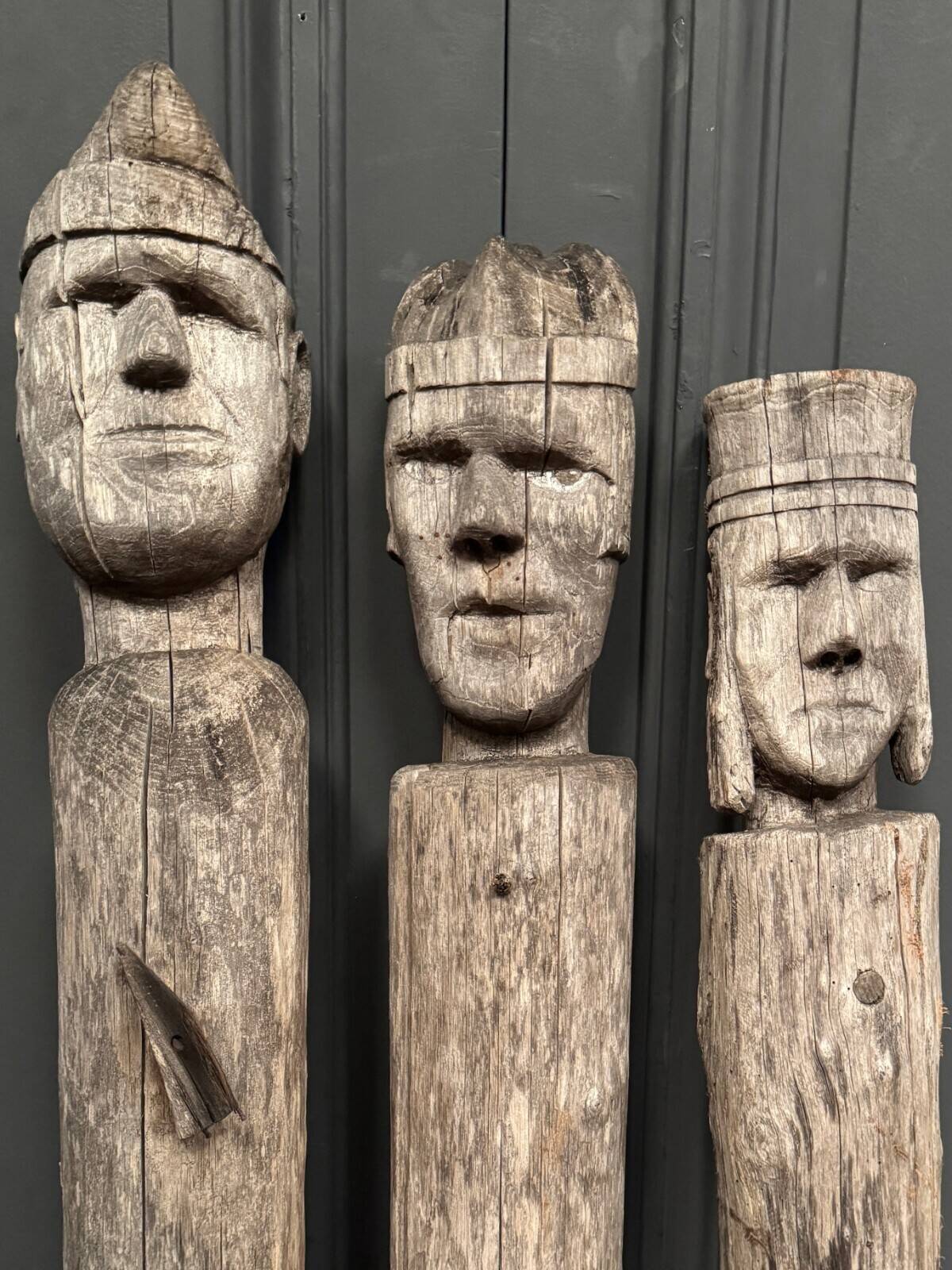 3 wooden folk art totems representing the three wise men, mid-20th century
