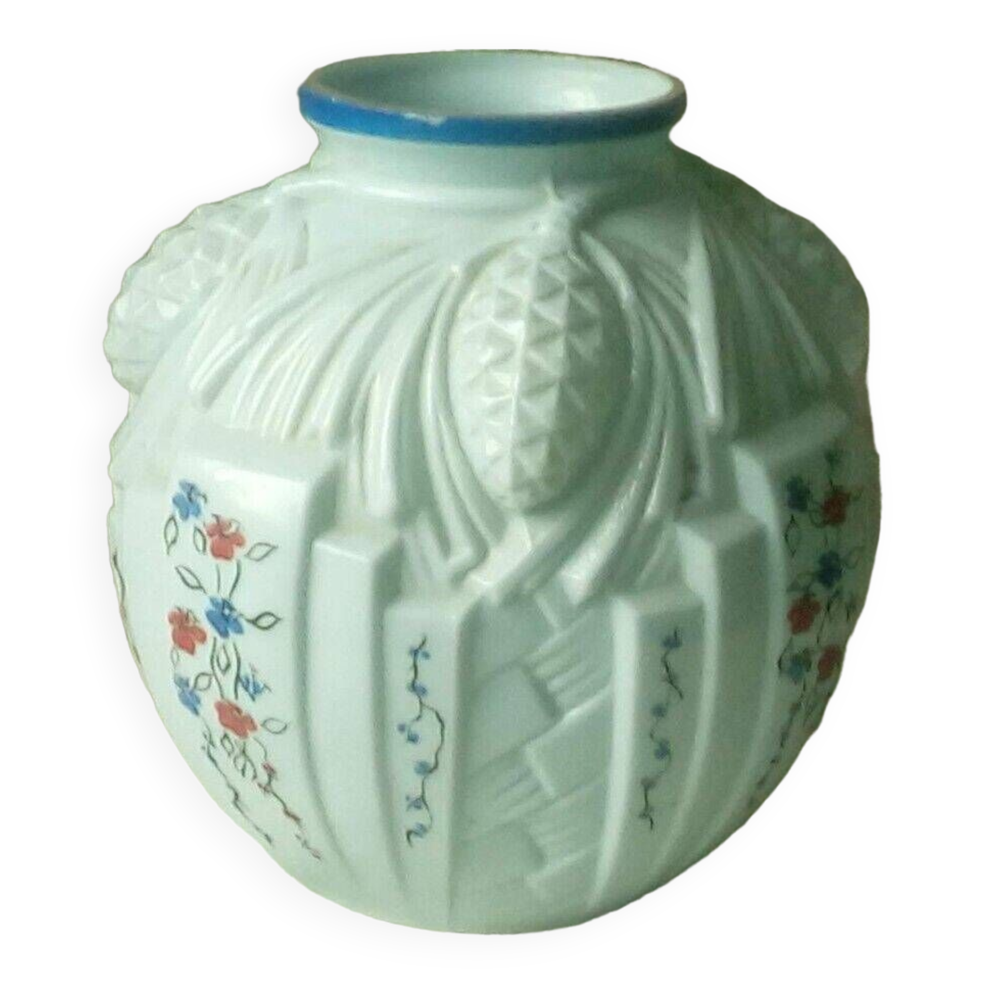 Blue opaline vase with pine cone decor, art deco period