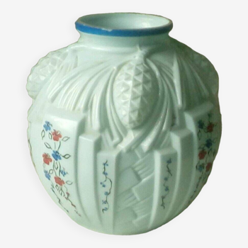 Vase en opaline bleue decor pomme de pins epoque art deco