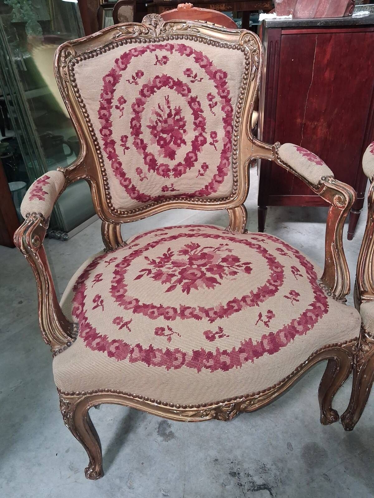Pair of gold Louis XV style armchairs – Petit point upholstery