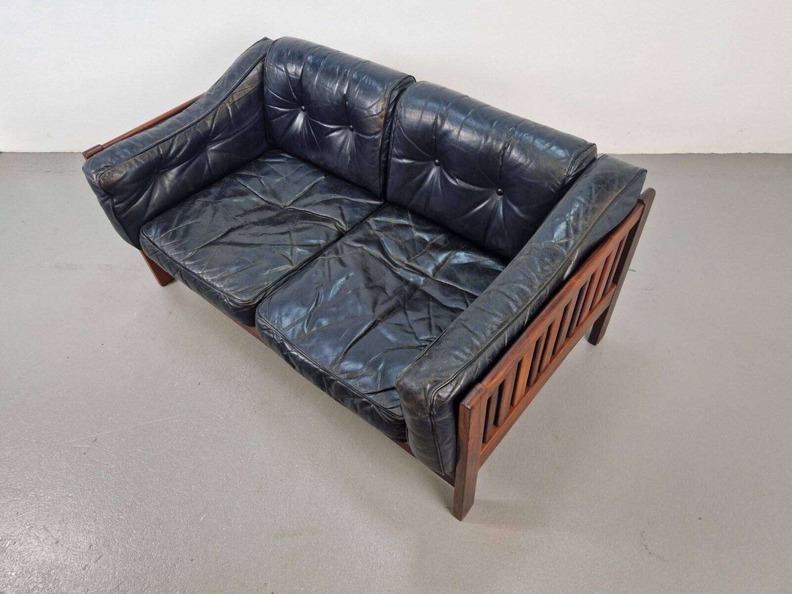 Mid-Century Modern Scandinavian Monte Carlo Sofa in Black Leather and Wood by Ingvar Stockum, 1965