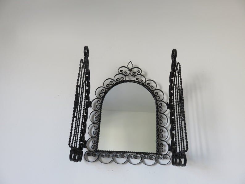 Opening mirror, shuttered, in black wrought iron, Vallauris 50s 60s