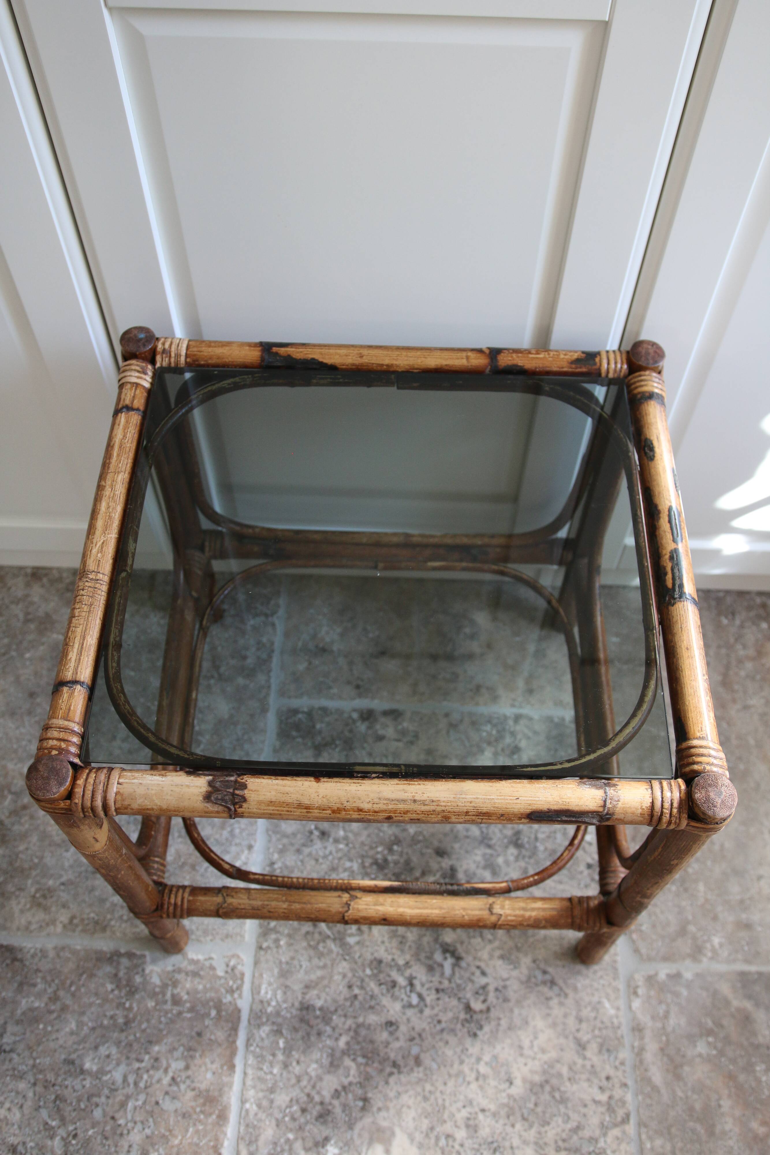 Vintage smoked glass bamboo table
