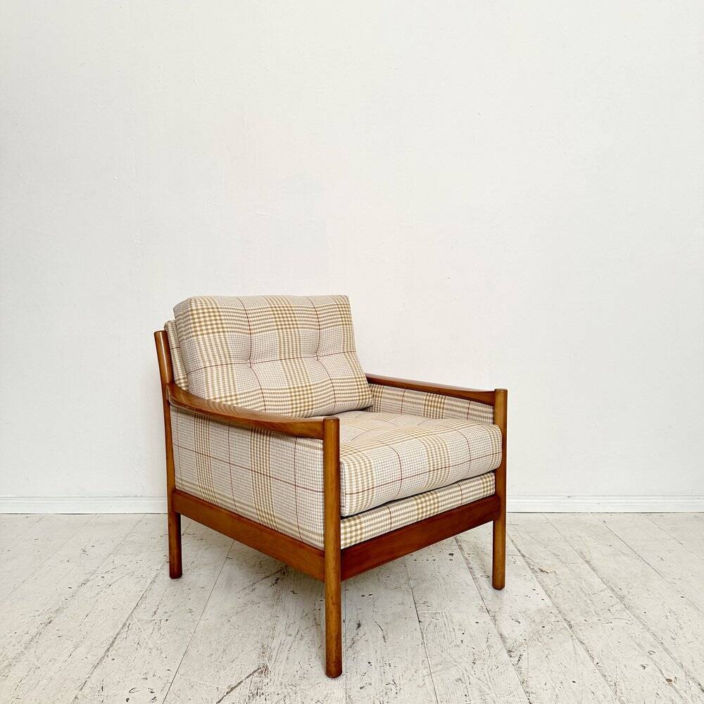 Mid-Century Scandinavian Armchair in Cherry Wood and Checked Fabric, 1960s