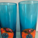 Six blue blown glass and enamel on copper glasses.