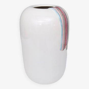 Postmodern White Ceramic Vase by Ambrogio Pozzi with Hand Painted Details, Italy