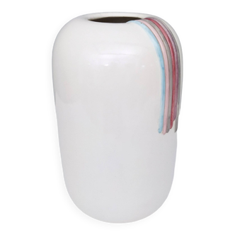 Postmodern White Ceramic Vase by Ambrogio Pozzi with Hand Painted Details, Italy