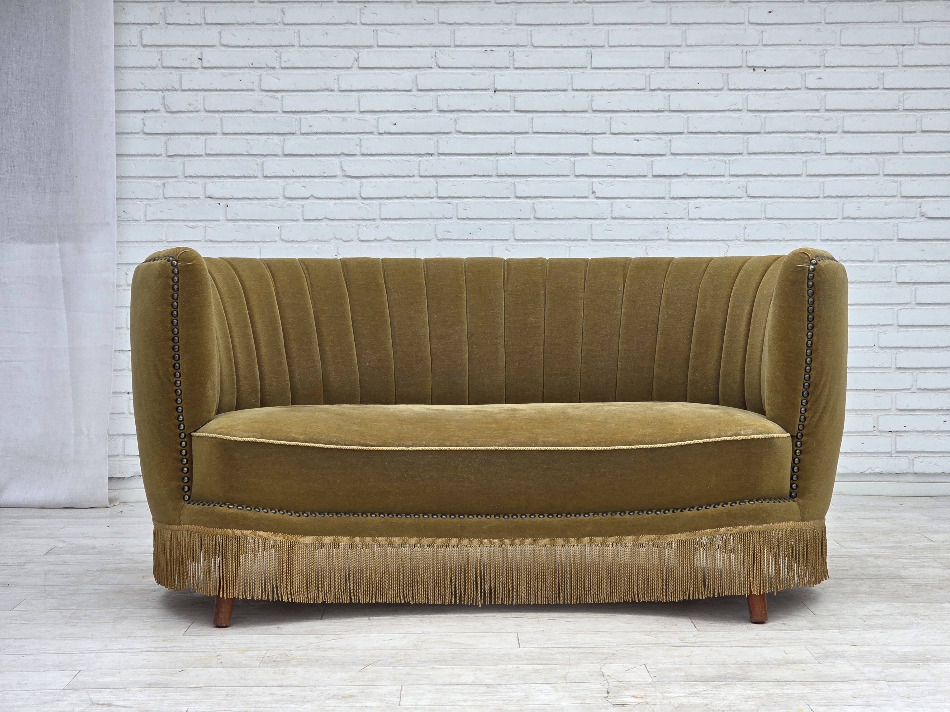 1970s, Danish 2-seater "Banana" sofa, green furniture velour.