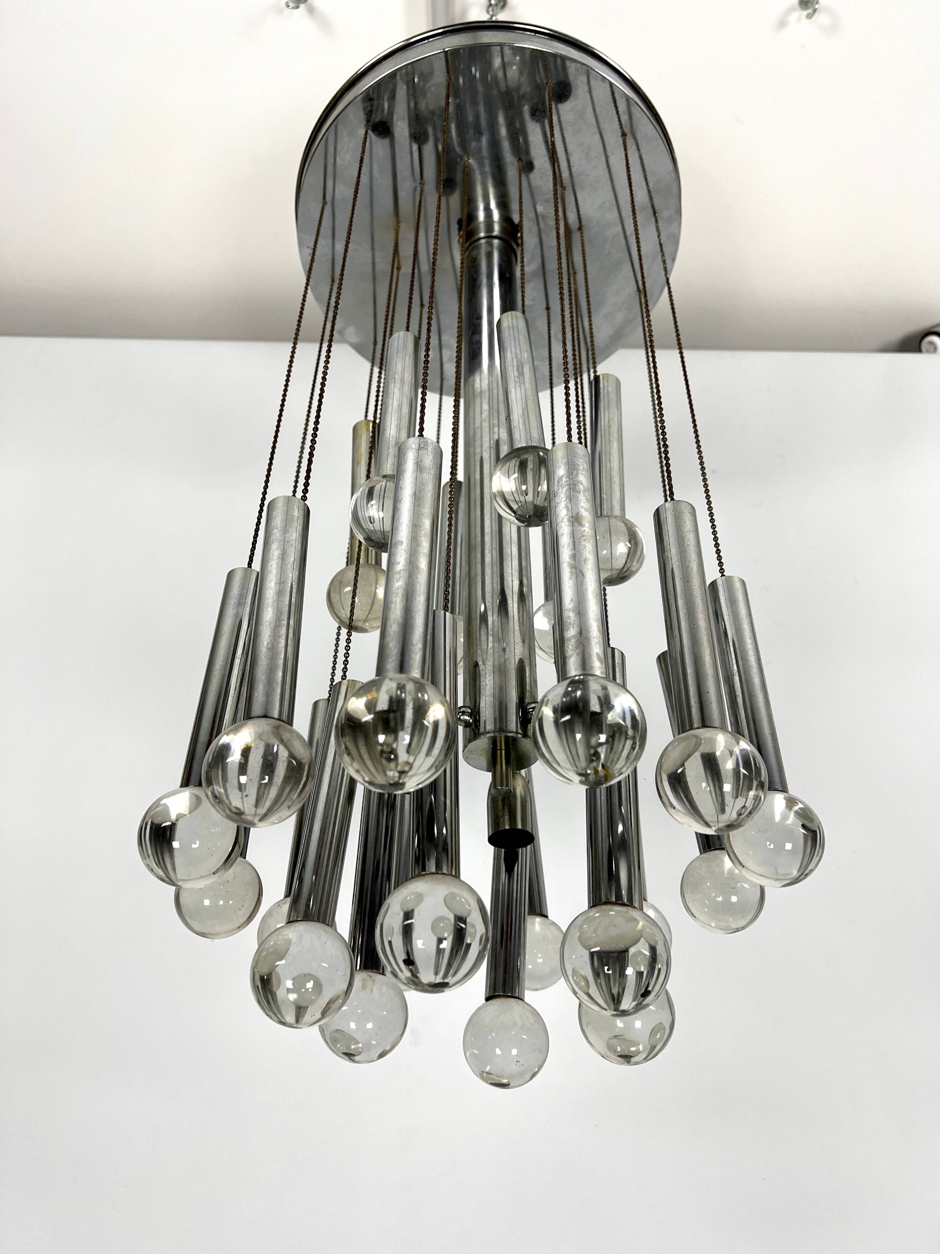 Sciolari, iconic glass sphere and chrome chandelier. Italy 1960s