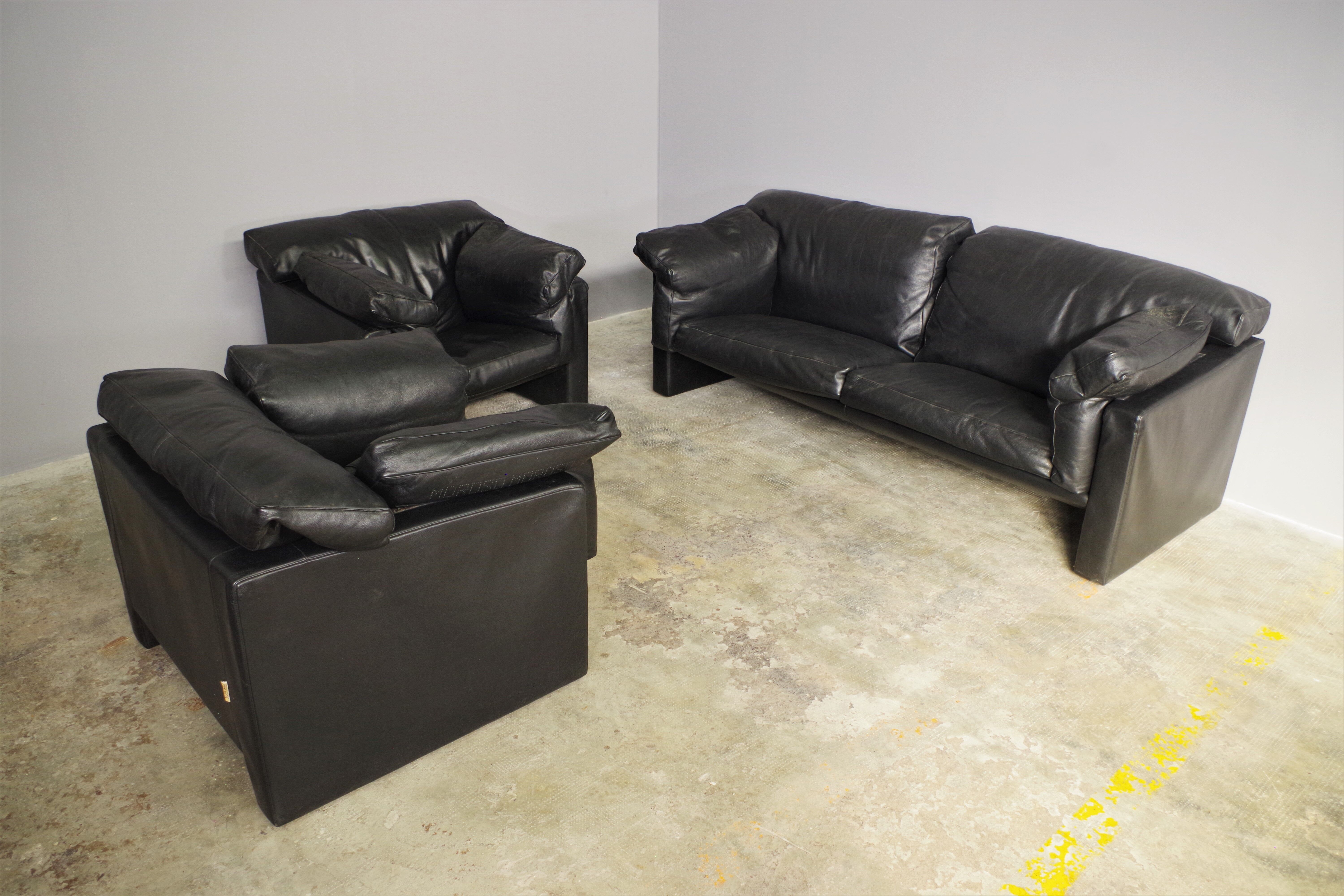 Moroso sofa set and armchairs in black leather, 1984