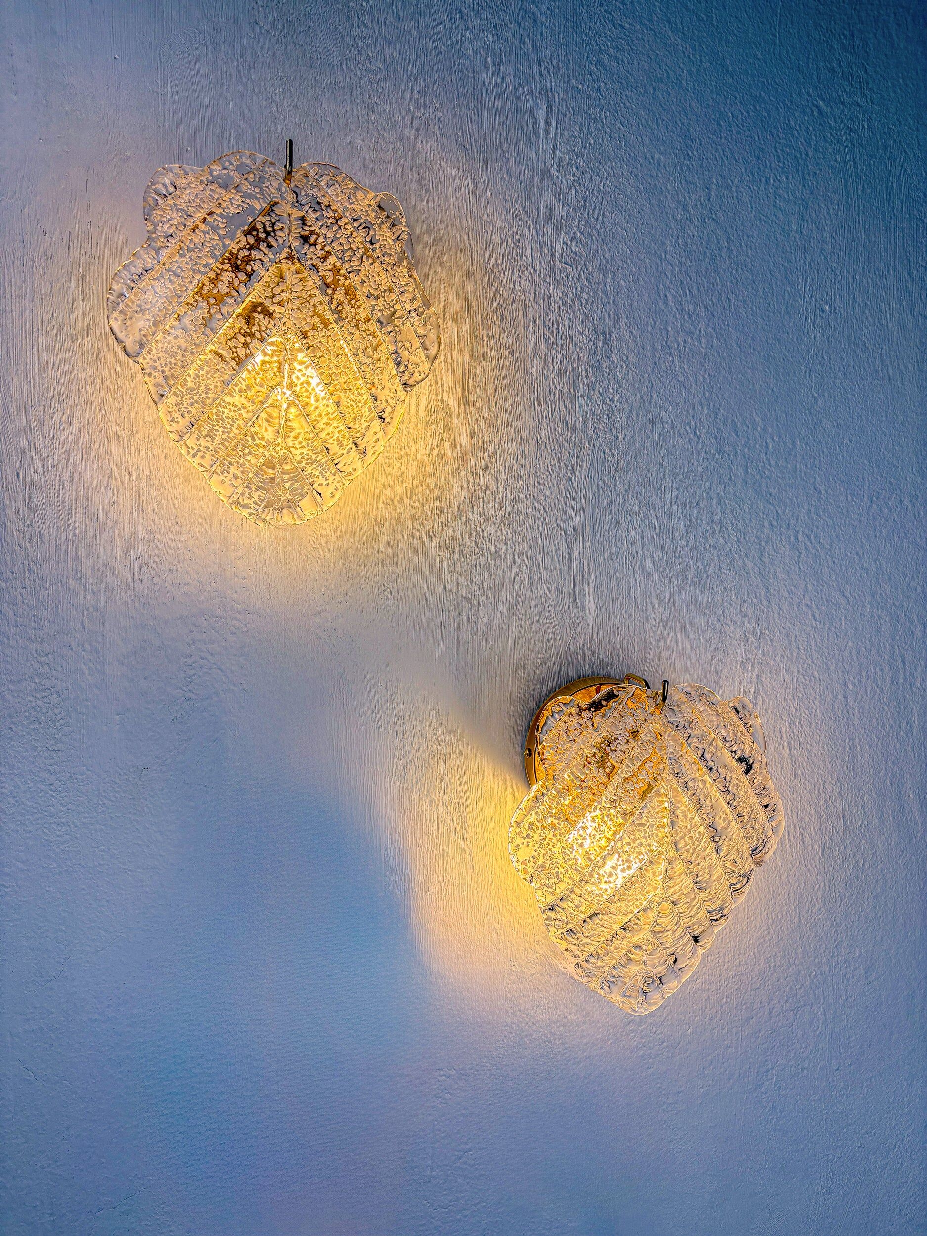 Pair of "Leaf" frosted Murano glass wall sconces, Italy, 1970s