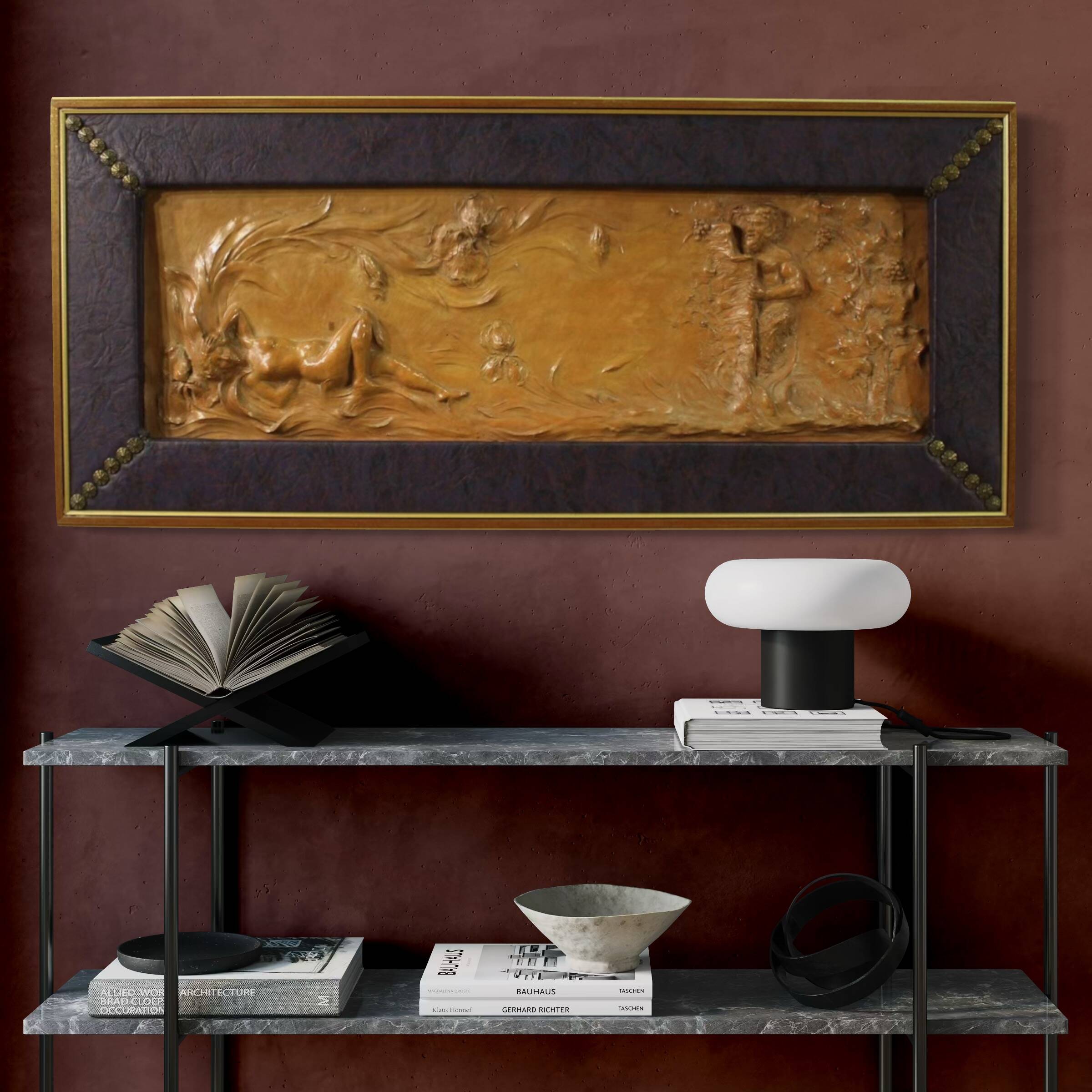 French terracotta bas-relief, Venus with Faun from 20th century