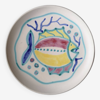 Assiette en céramique émaillée décor poisson - Gérard Hofmann - Vallauris - Années 1950