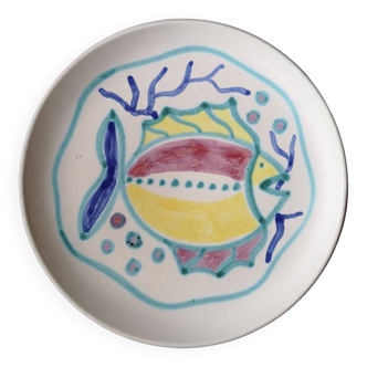 Assiette en céramique émaillée décor poisson - Gérard Hofmann - Vallauris - Années 1950