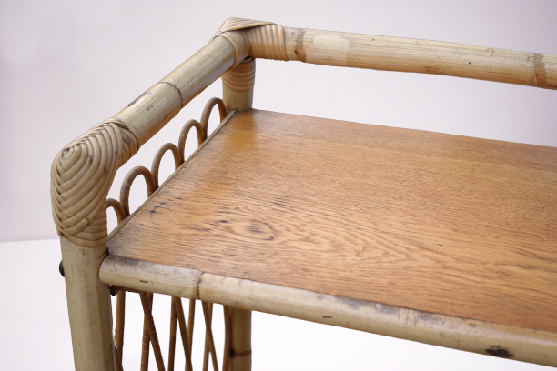 Chevet/table appoint/vintage bambou osier et chêne