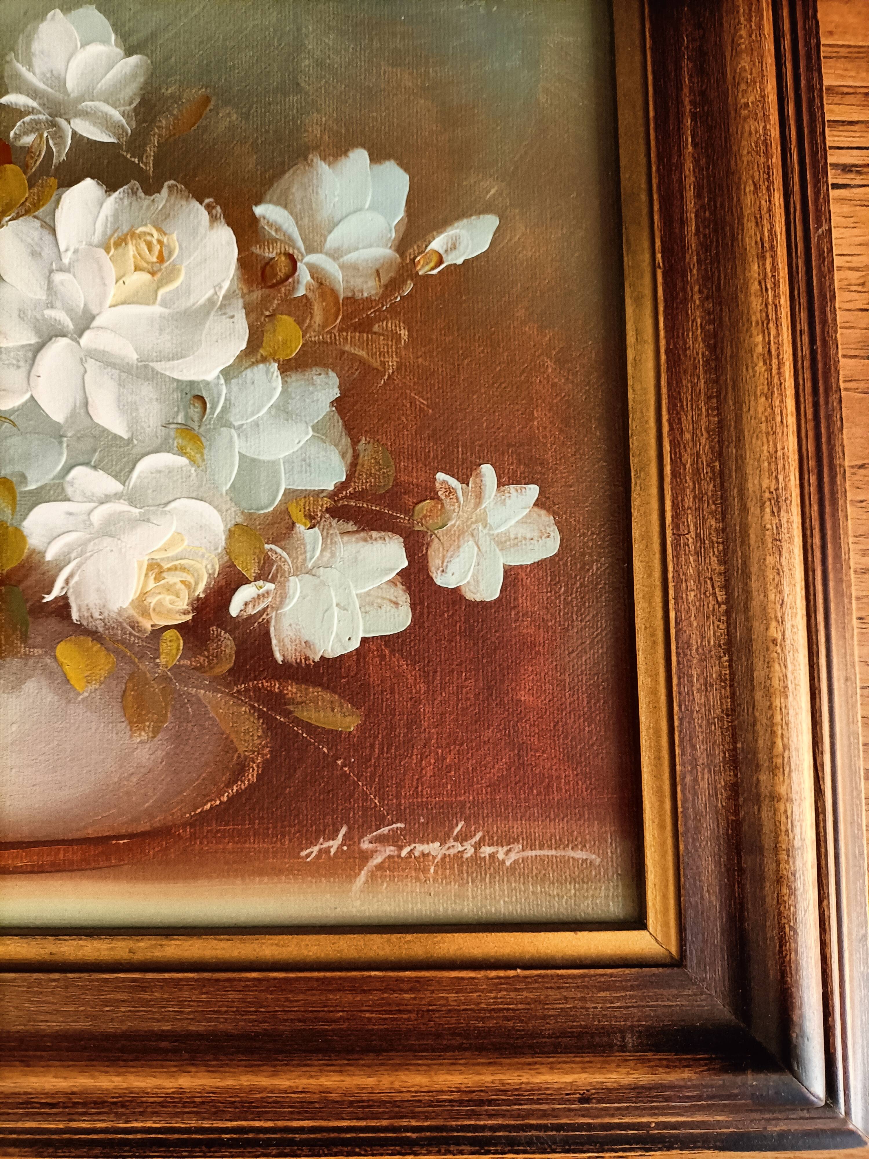 Still life painting with flowers, artist's signature