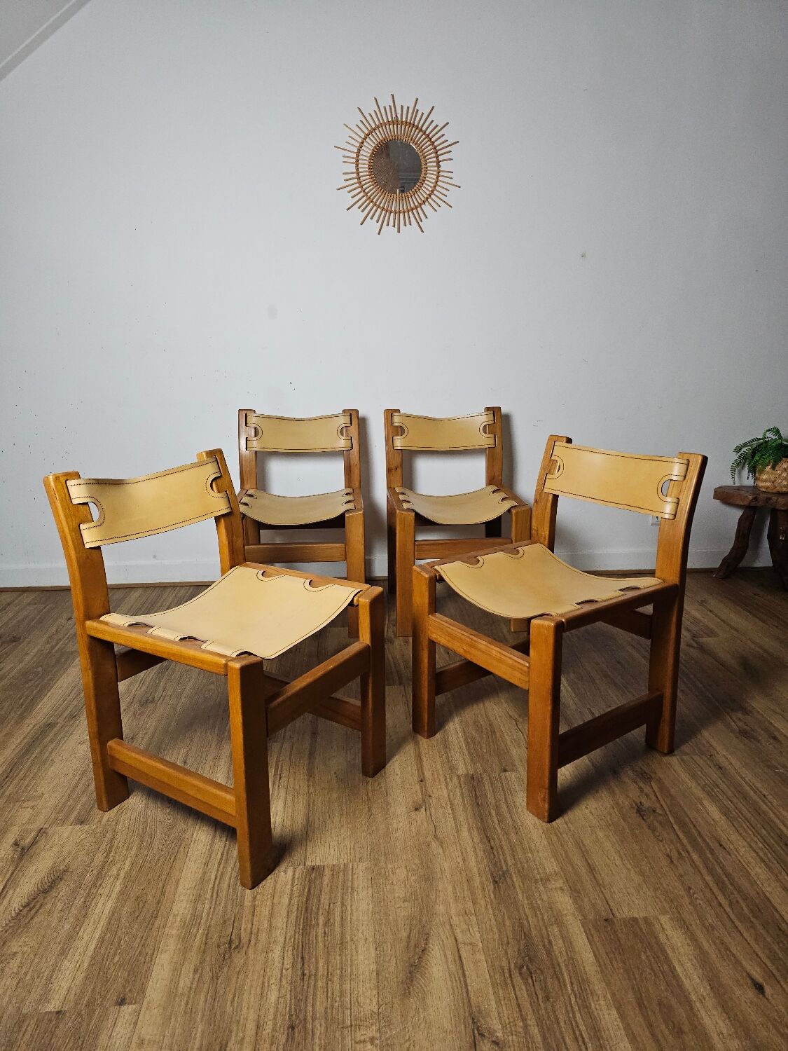 Solid Elm and cream leather chairs, Maison Regain, 1960s.