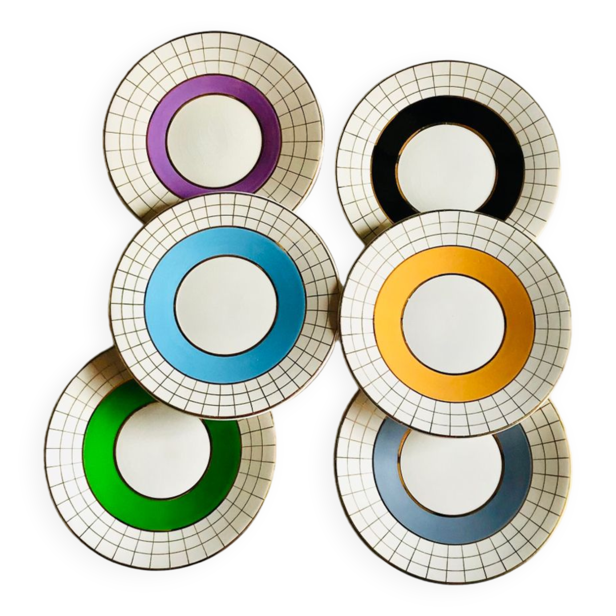 Set of 6 colorful dessert plates 1950s