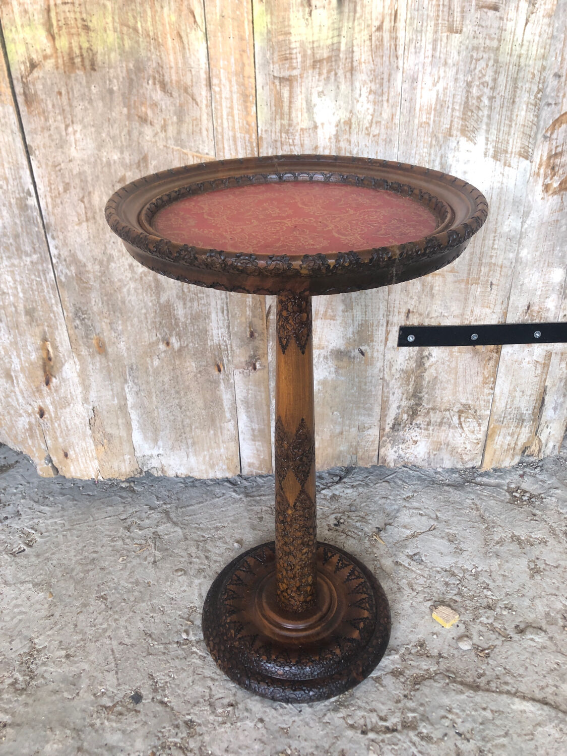 Sellette table appoint bois sculpté & plateau rouge vintage #a020.