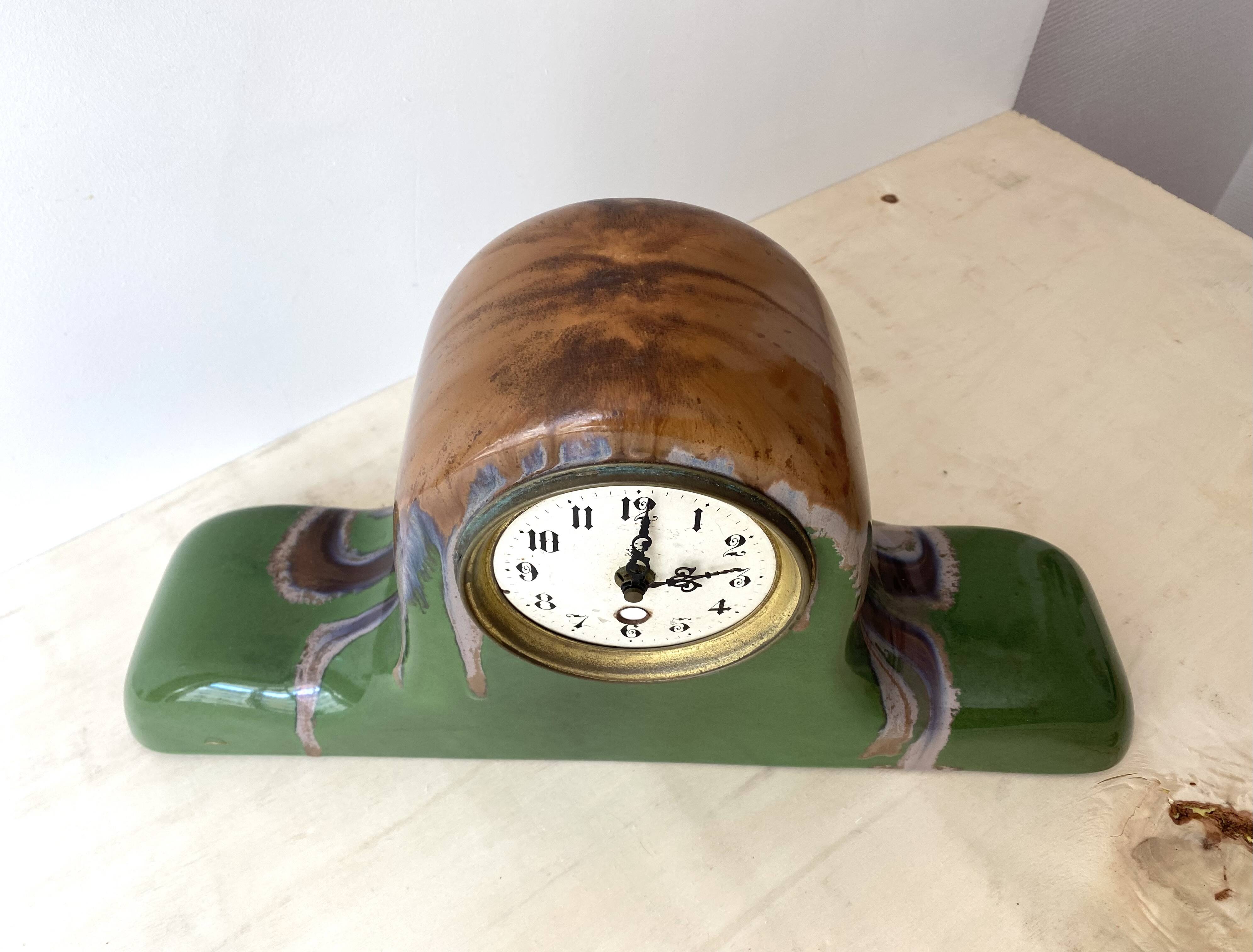 Art deco mantel clock Cazalas Bannière de Bigorre 1930, Basque ceramic clock