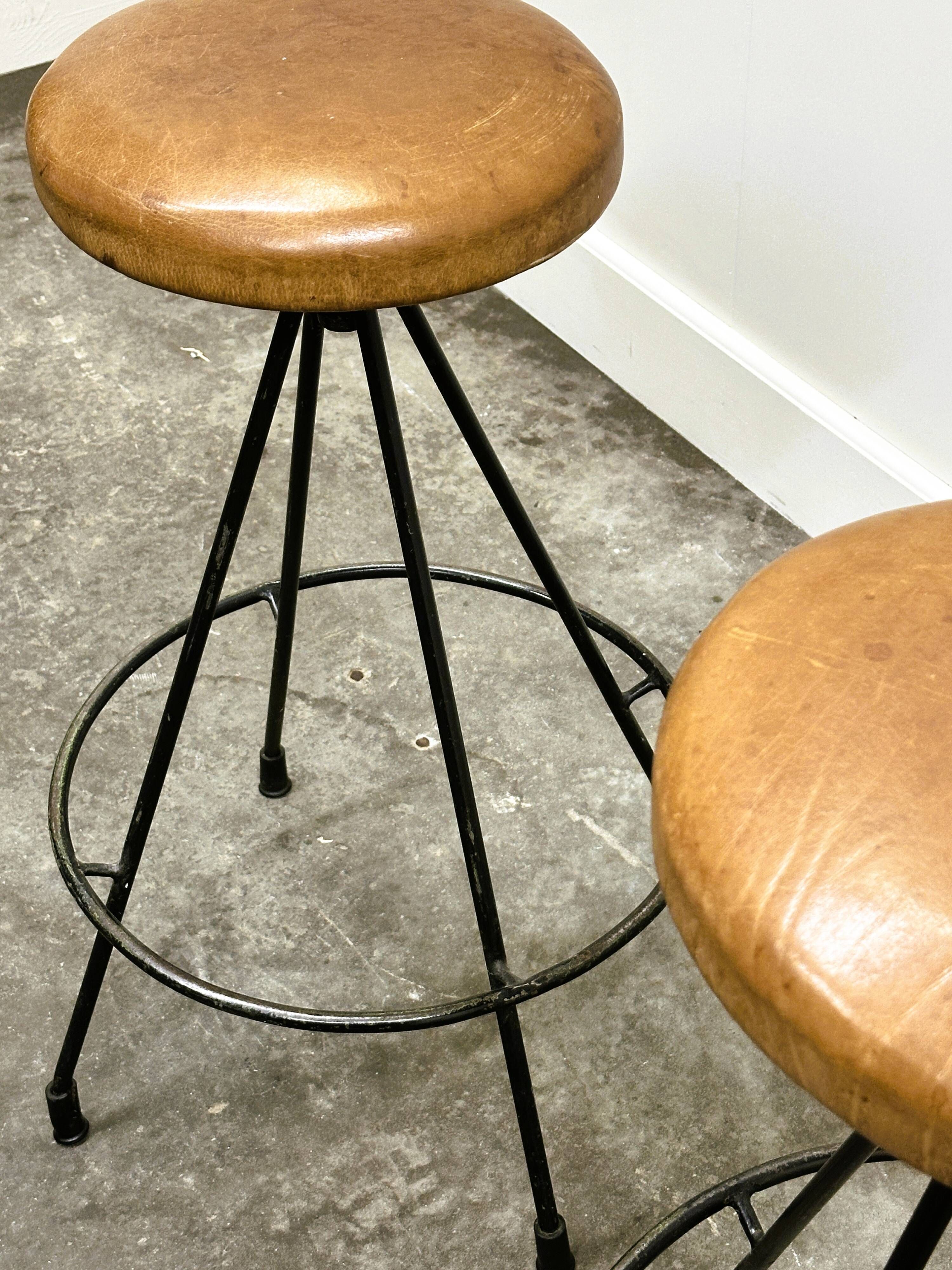Pair of Industrial Vintage Metal Frame Bar Stools, France 1970s.