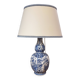 Blue and white Delft ceramic table lamp decorated with birds and flowers.