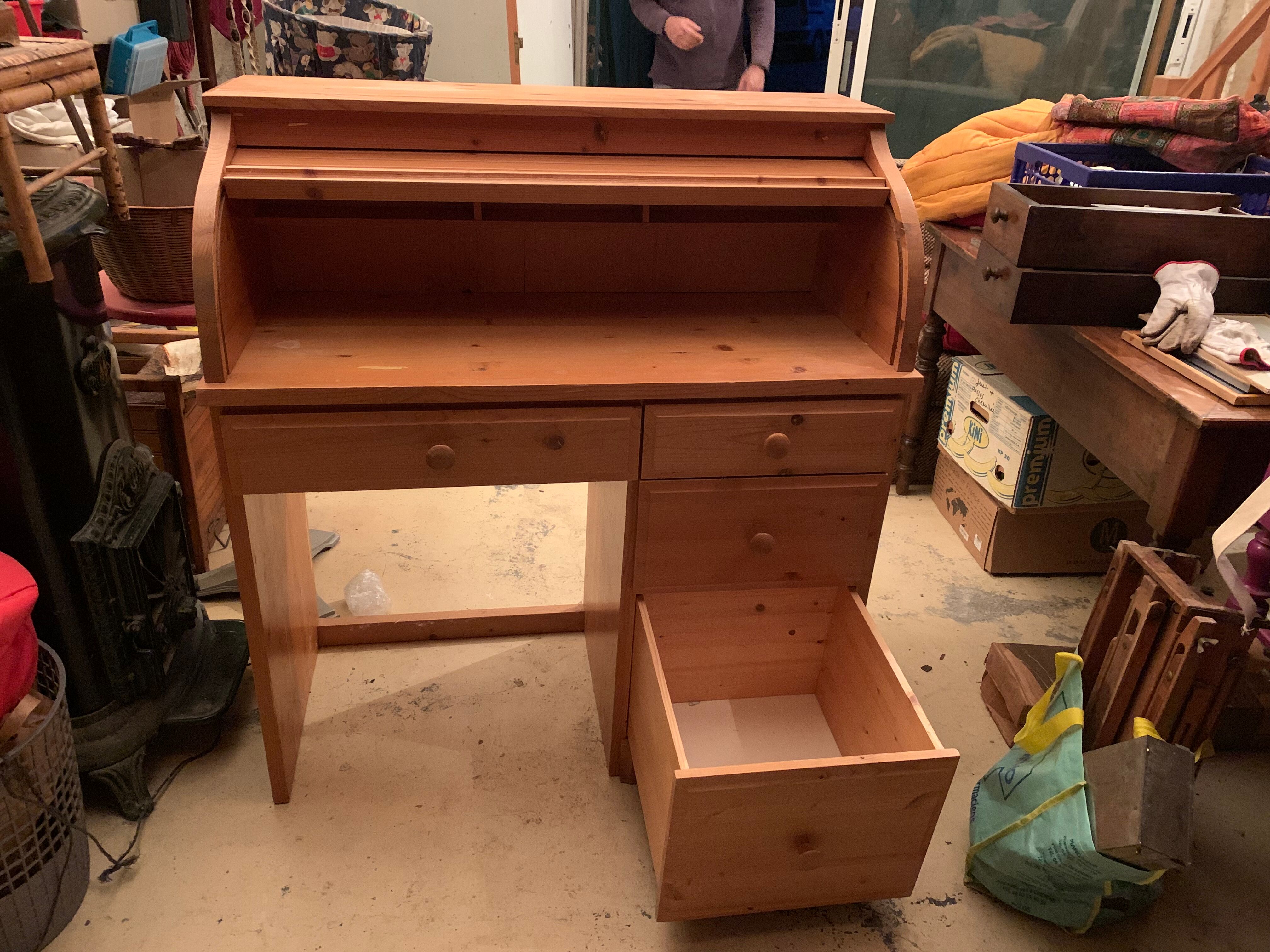 Pine desk with sliding wooden curtain
