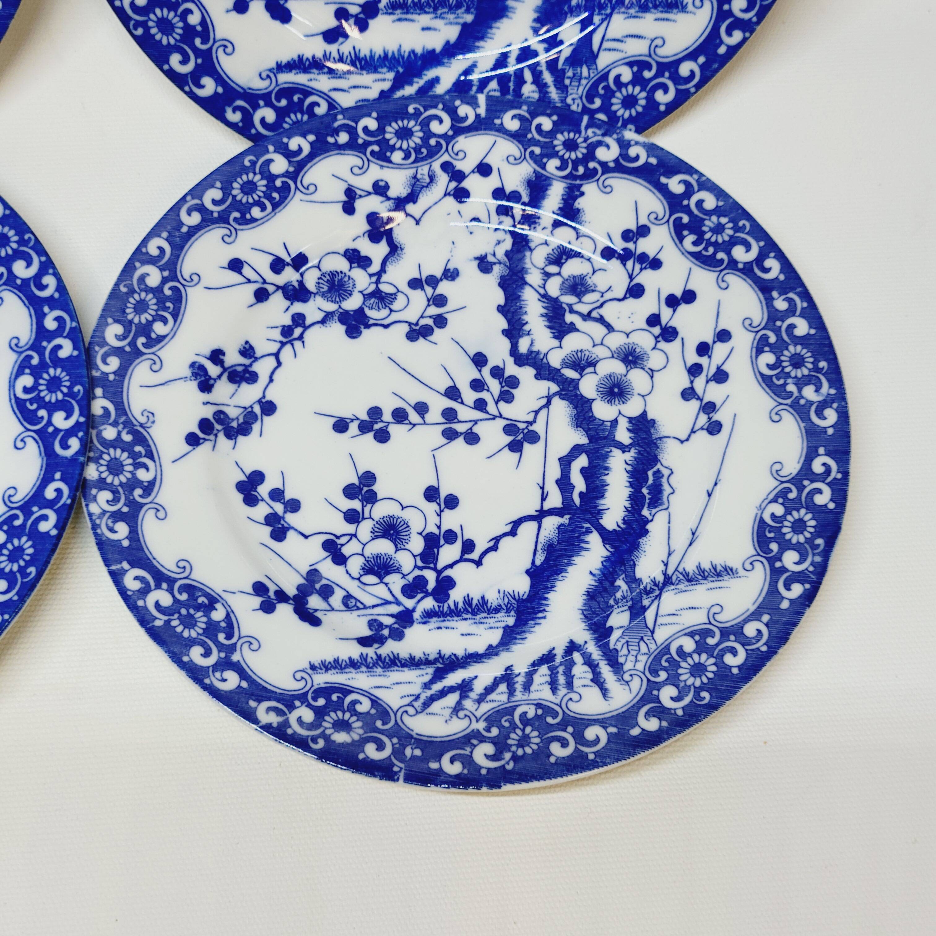 6 Small Dessert Plates in Fine Porcelain with Cherry Blue Decor