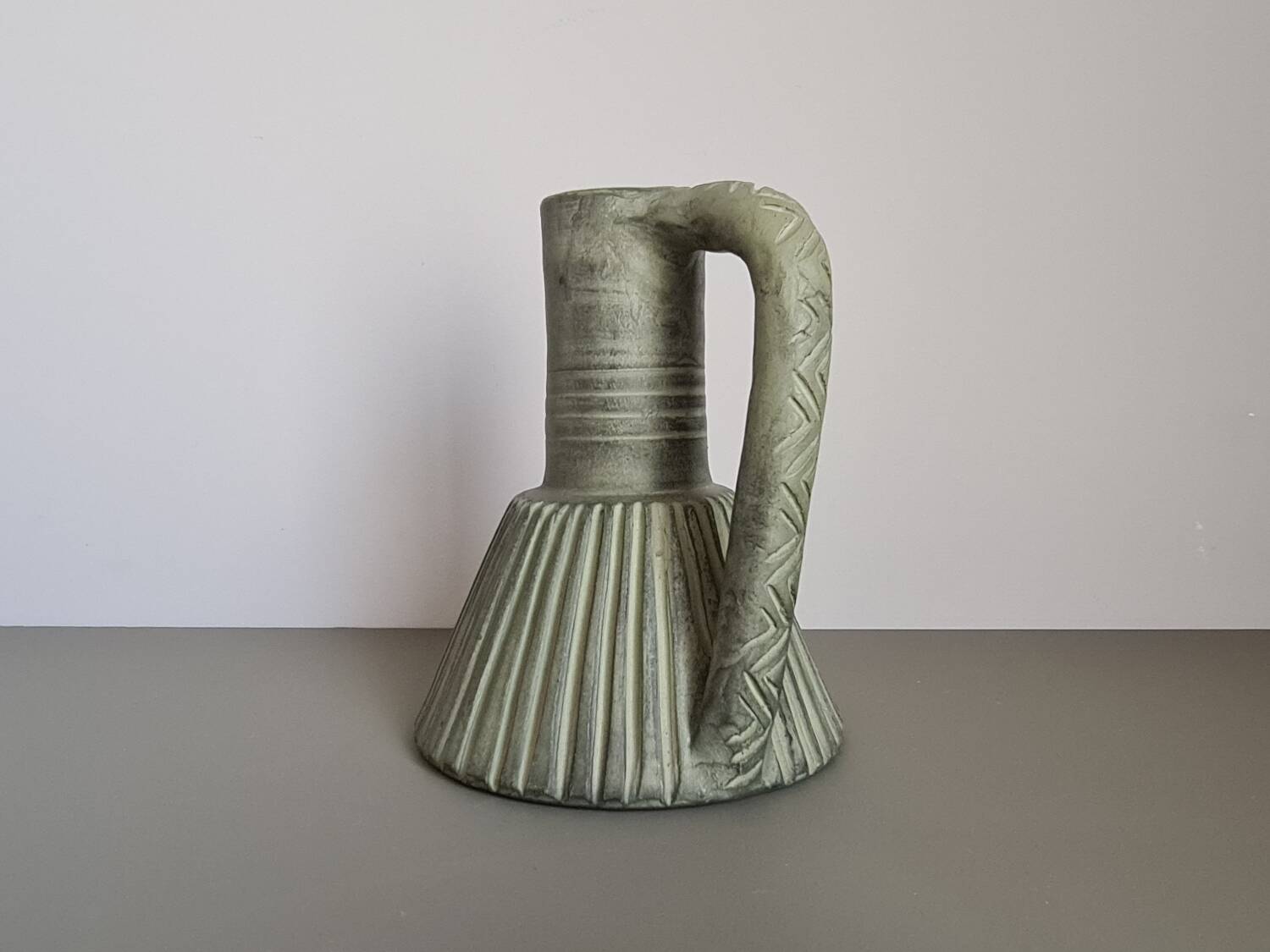 Vintage green ceramic pitcher, decorative jug from the 1960s