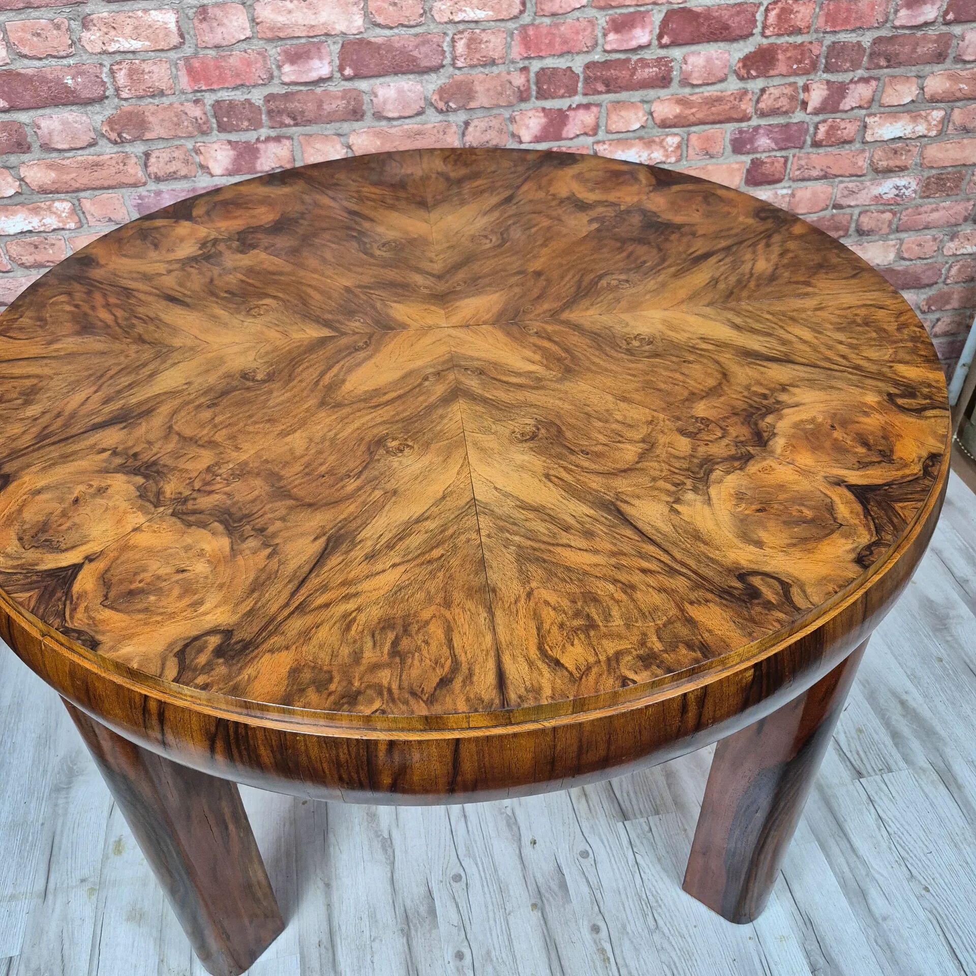 Restored Art Deco Walnut Burl Sunburst Extending Dining Table 1930s