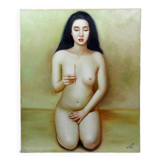 Large vintage oil painting on canvas nude by Miro