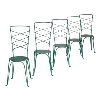 Chaises de jardin fer forgé verte médaillon 1950