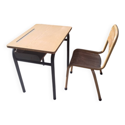 Bureau écolier vintage années 70 avec chaise et casier à cartable Métalbois