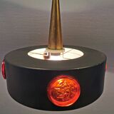 Swedish hanging lamp, in dark green lacquered metal with red glass prisms and brass top/suspension.