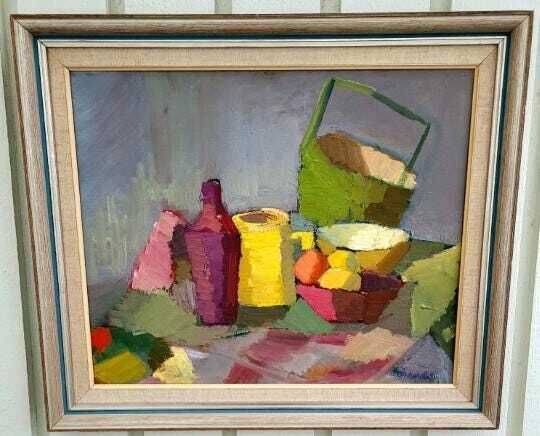 Original Mid Centaur European Oil On Canvas – Colourful Cubist Still Life By Lopin – 1950s Vintage & Framed