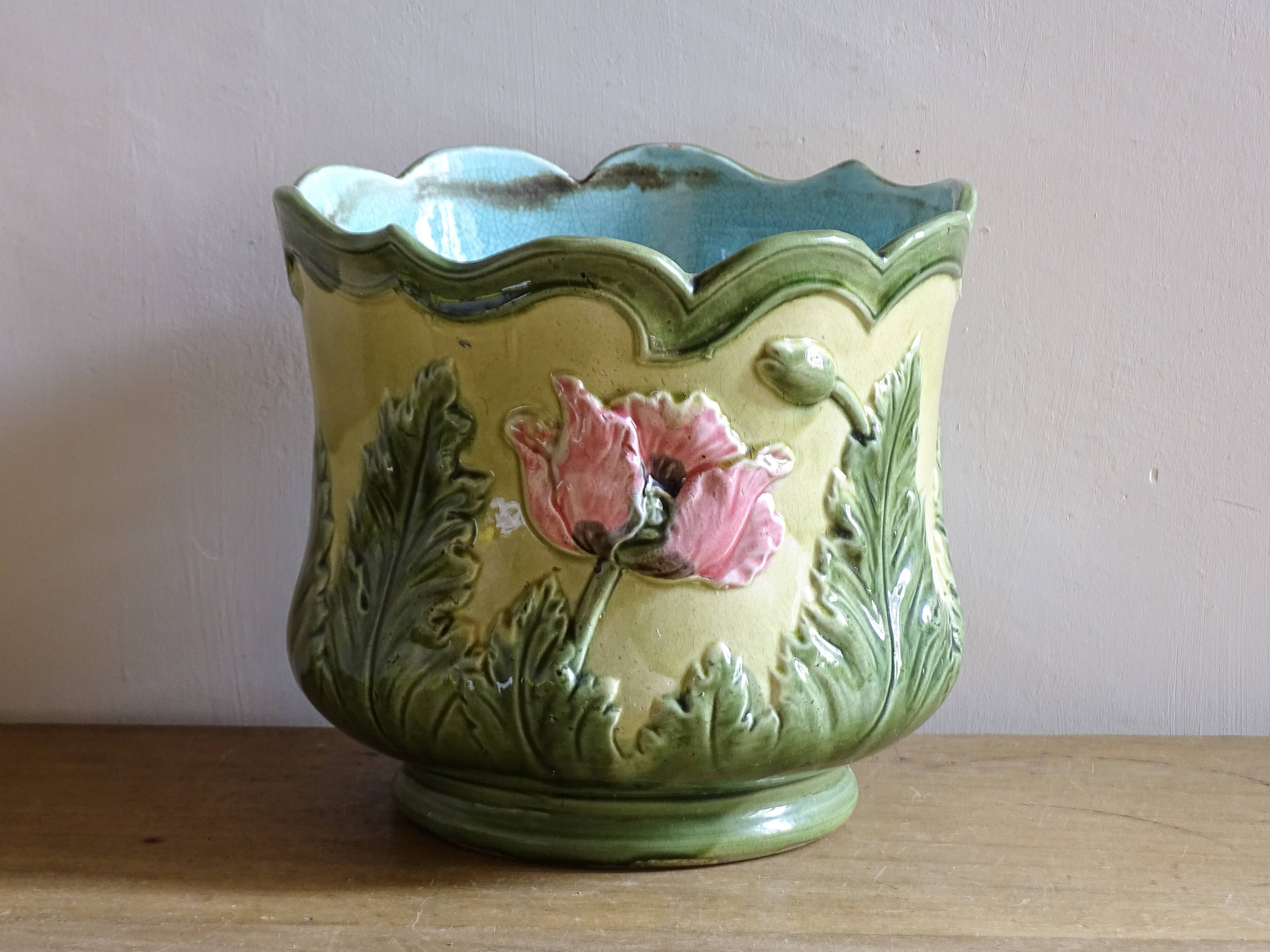 Antique Ceramic Cache Pot with Poppies, Art Nouveau Planter