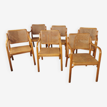 6 fauteuils en cannage et bois courbé Thonet Mundus, 1975