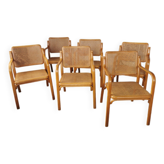 6 cane armchairs, bent wood Thonet Mundus 1975