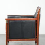 Black leather and wooden Art Deco design armchair