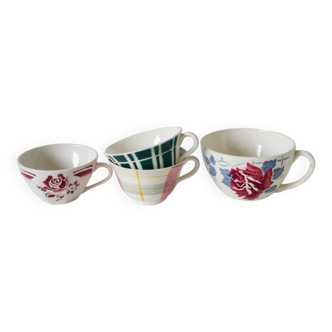 Set of 4 mismatched coffee cups digoin sarreguemines and badonviller blue pink and green 1930-