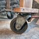 Vintage French pine work table, 1930s industrial kitchen island with drawer and casters