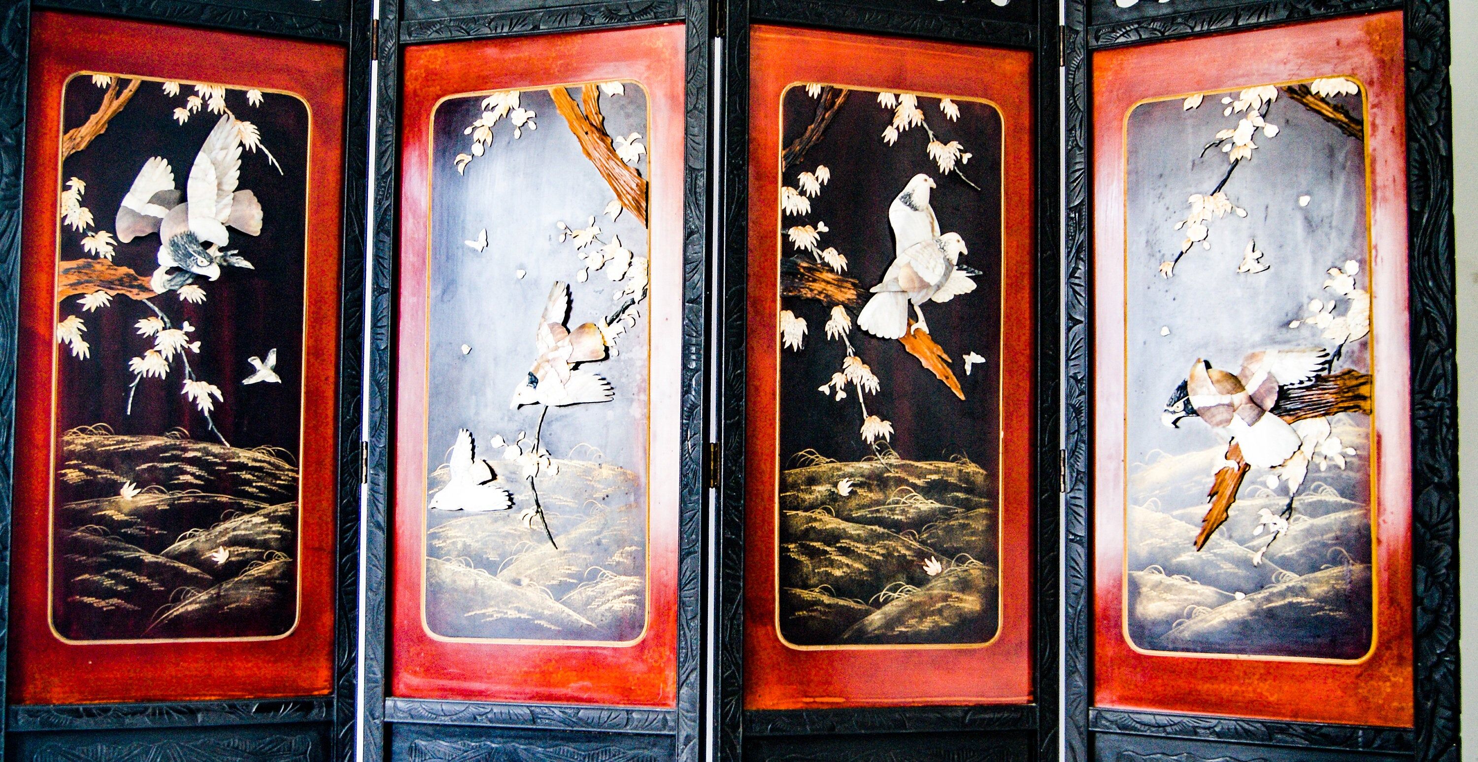 Early 20th century 4 panel room divider folding screen with 3d birds